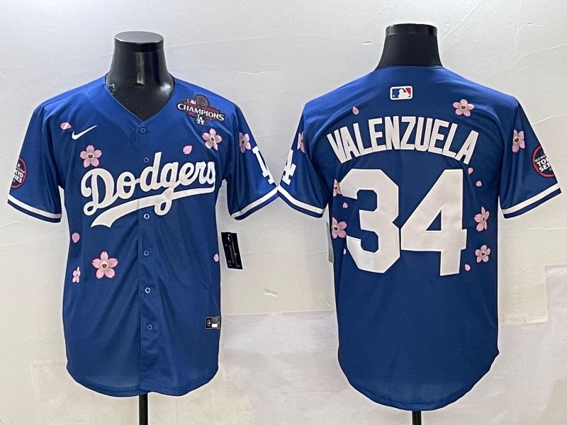 Men Los Angeles Dodgers 34 Valenzuela Blue Sakura Edition 2025 Nike MLB Jersey style 5